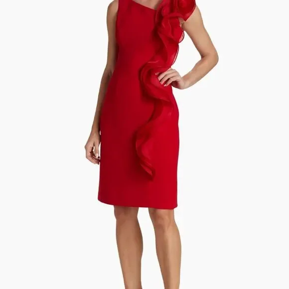 Rickie Freeman for Teri Jon One-Shoulder Rosette Cocktail Silk Dress red 4  nwt